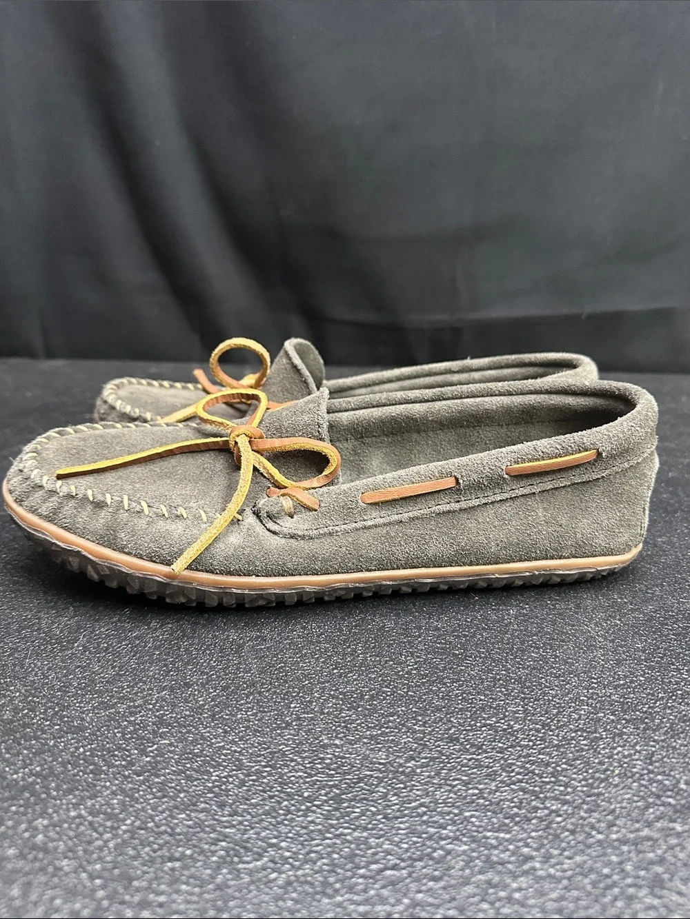 Minnetonka Grey Suede Moccasin Loafers with Tan Laces size 10 W